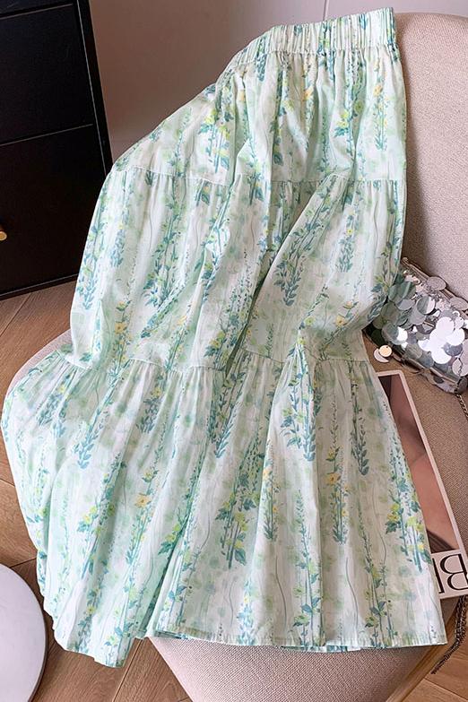 松緊腰淡粉色三節半身裙法式茶歇氣質溫柔系小清新中長款碎花傘裙