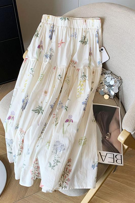 法式甜美碎花a字松緊腰白色百褶半身裙女夏季新款小個子中長裙子