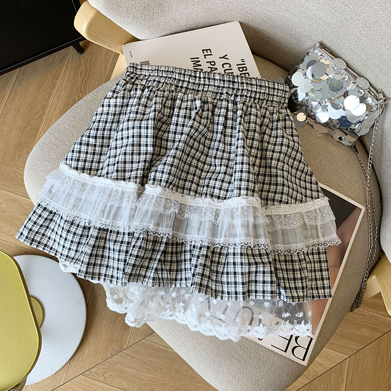 粉色格子蛋糕蓬蓬裙短裙女蕾絲2025夏季新款甜美可愛裙子半身裙