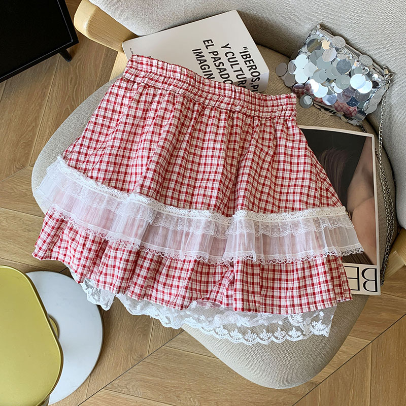 粉色格子蛋糕蓬蓬裙短裙女蕾絲2025夏季新款甜美可愛裙子半身裙