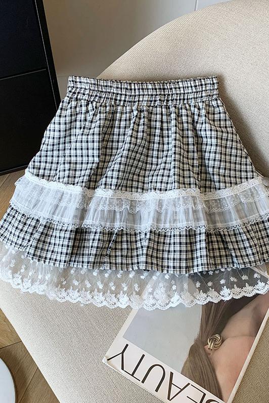 粉色格子蛋糕蓬蓬裙短裙女蕾絲2025夏季新款甜美可愛裙子半身裙