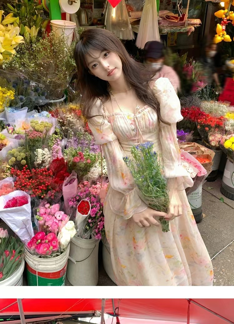 少女/長款方領泡泡袖碎花長袖雪紡連衣裙女夏法式裙子顯瘦好看