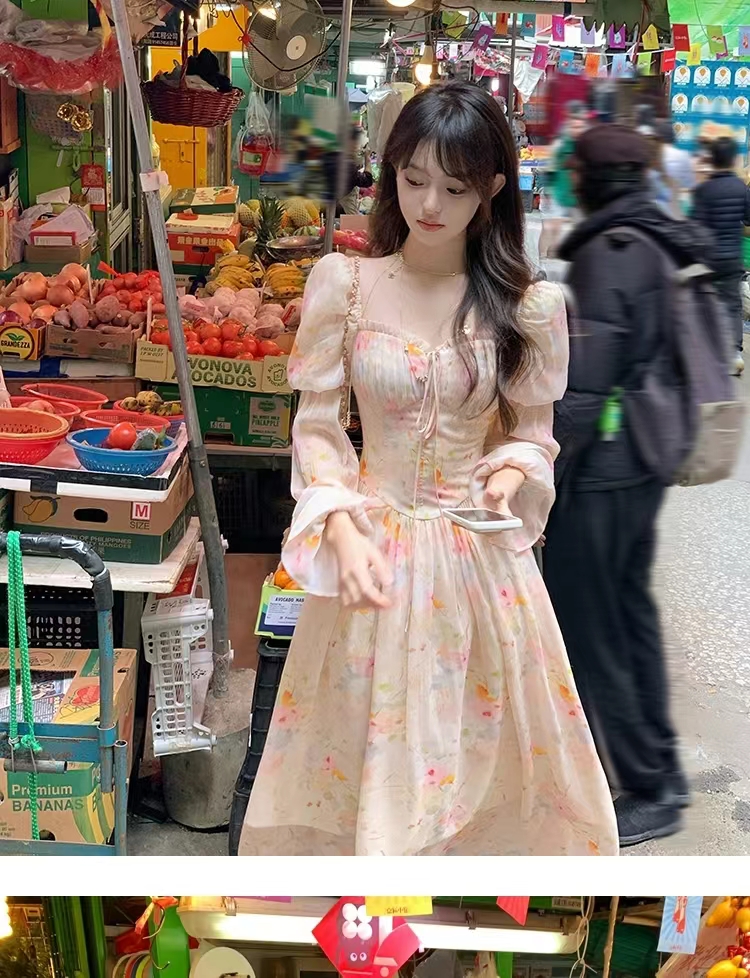 少女/長款方領泡泡袖碎花長袖雪紡連衣裙女夏法式裙子顯瘦好看