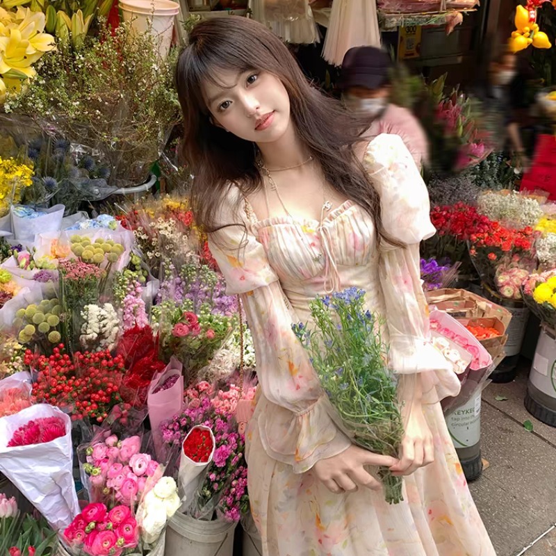 少女/長款方領泡泡袖碎花長袖雪紡連衣裙女夏法式裙子顯瘦好看