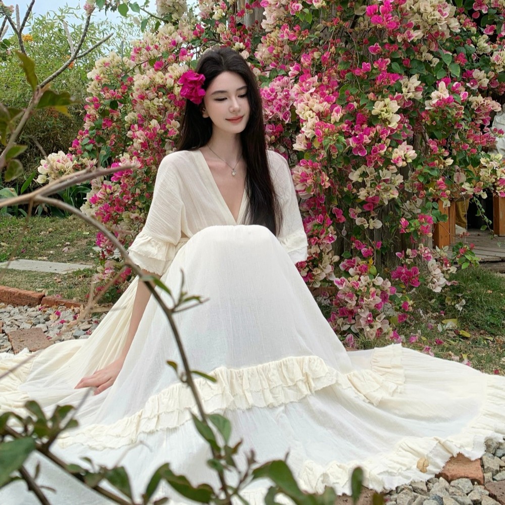 實拍泰蘭德定制超重工度假棉麻手工波西米亞度假大擺女神長裙