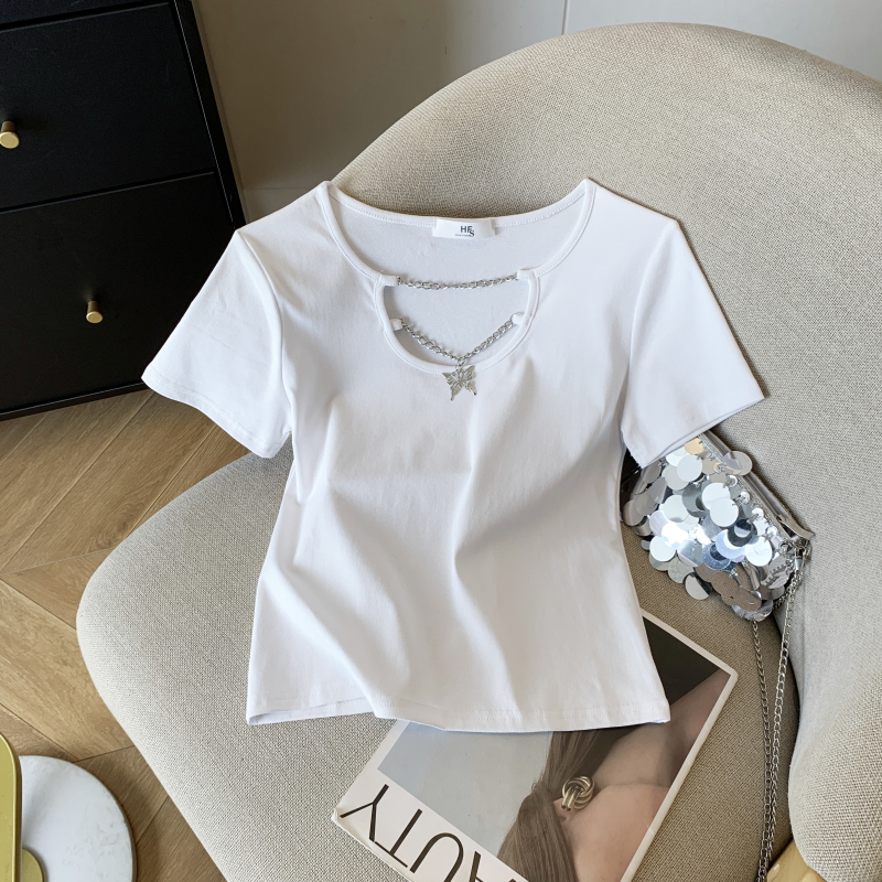 實拍 甜酷辣妹風性感鏤空蝴蝶鏈條設計感小眾短款露肚臍上衣