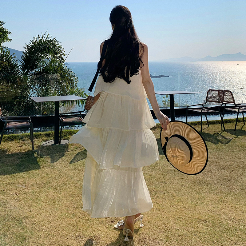 實拍流光紗高級感撞色蝴蝶結連衣裙海邊度假長裙
