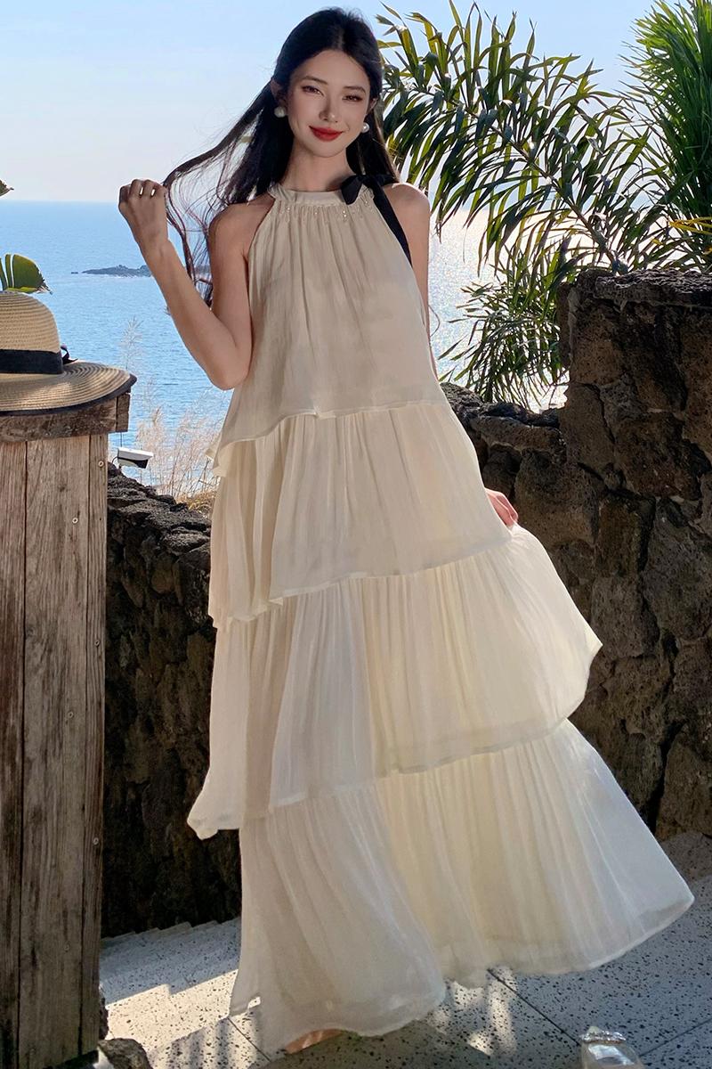 實拍流光紗高級感撞色蝴蝶結連衣裙海邊度假長裙