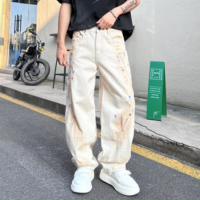 實拍2025新款美式潮牌復古洗水純棉休閑闊腿褲男涂鴉漆點耐磨褲子