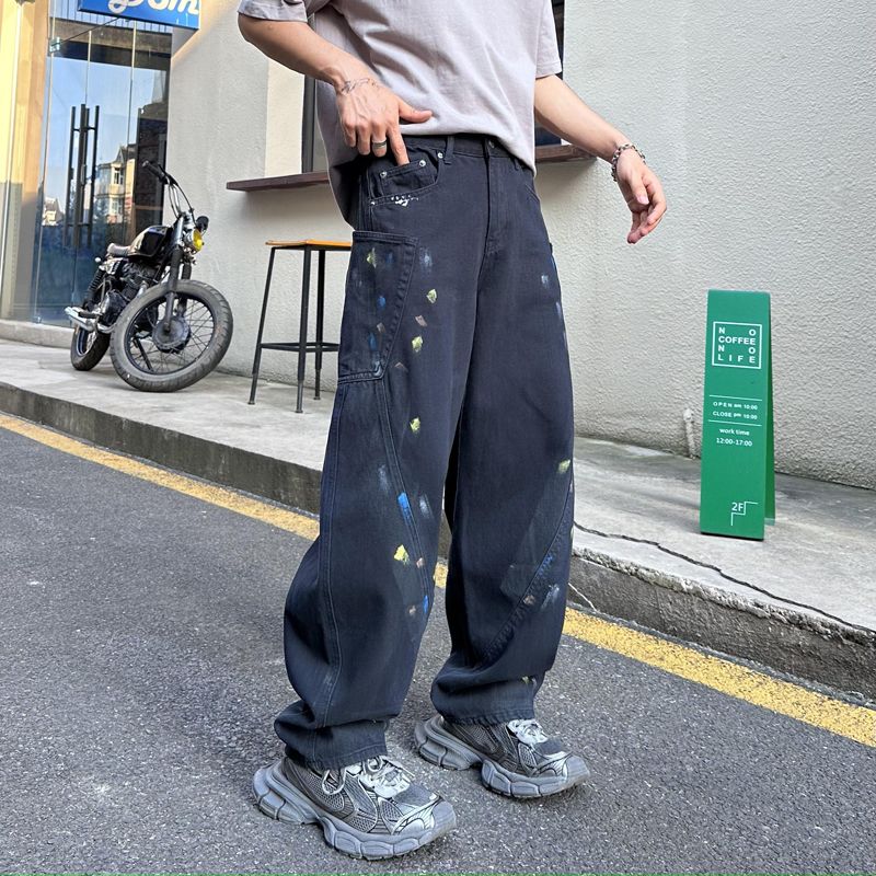 實拍2025新款美式潮牌復古洗水純棉休閑闊腿褲男涂鴉漆點耐磨褲子
