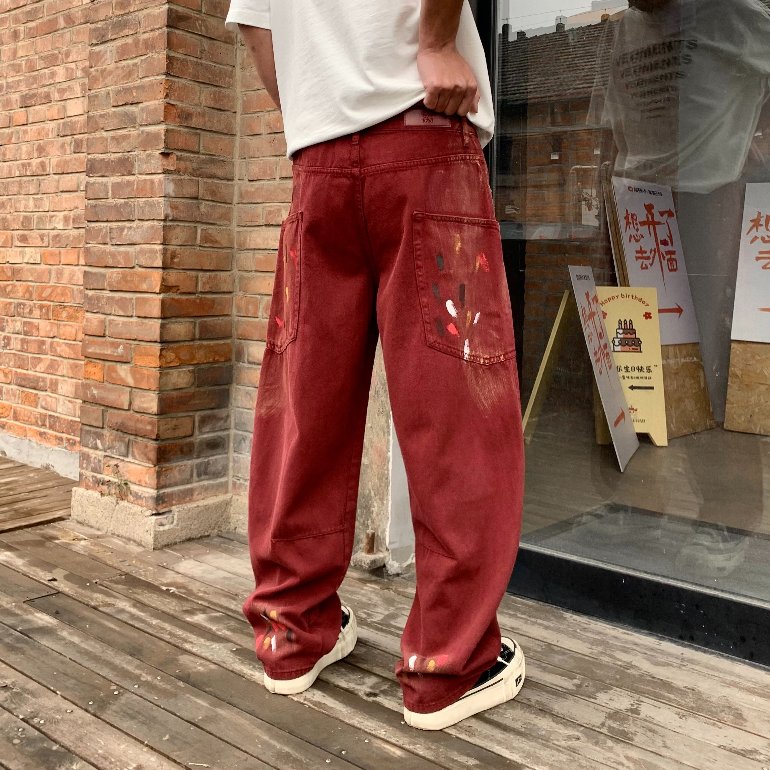 實拍2025新款美式潮牌復古洗水純棉休閑闊腿褲男涂鴉漆點耐磨褲子