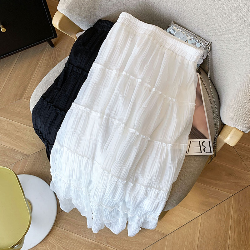 2025春夏法式層層木耳邊拼接半身裙女高腰a字傘裙大擺長款蛋糕裙