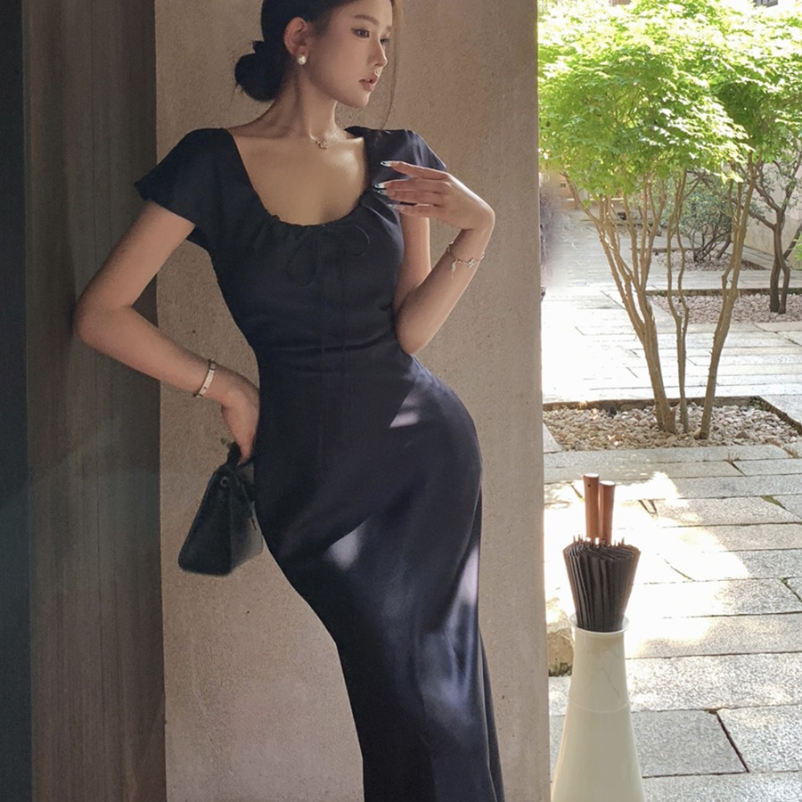 實拍復古性感短袖抽繩系帶收腰顯瘦連衣裙緞面魚尾長裙女