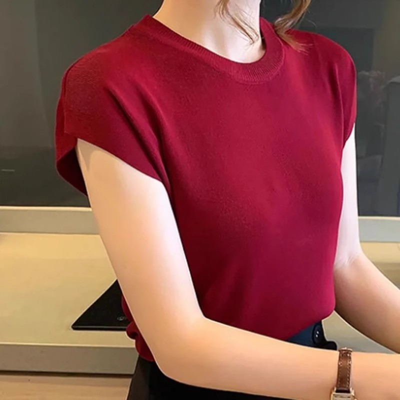 2026年新款冰絲針織衫女夏季薄款落肩袖寬松顯瘦圓領短袖打底上衣