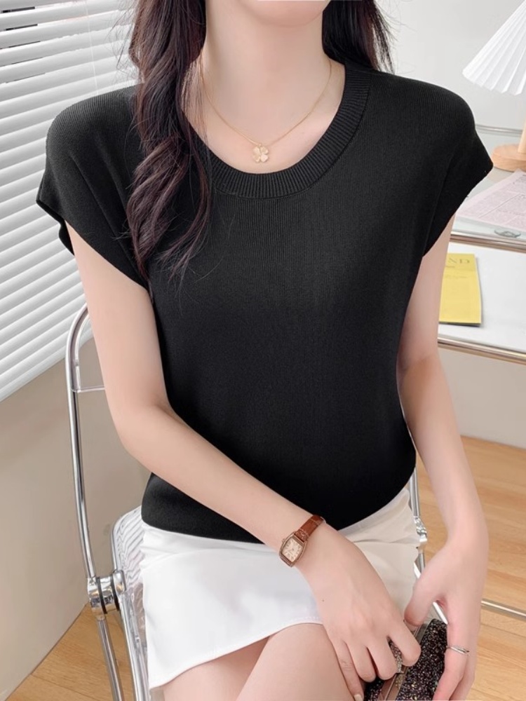 冰絲T恤女夏季薄款新款洋氣修身圓領純色百搭落肩短袖針織衫上衣