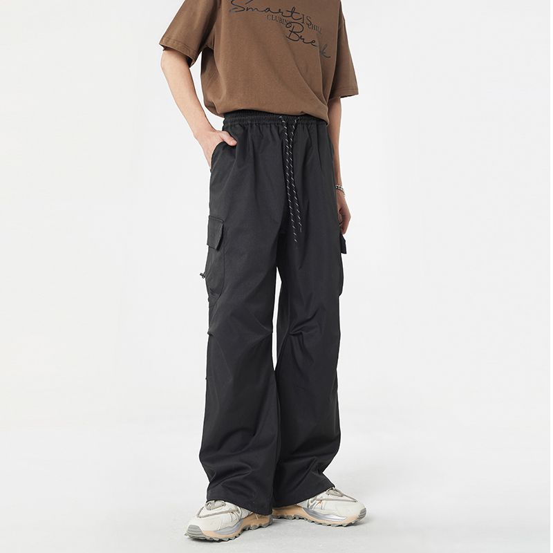 實拍工裝褲男2025春夏美式闊腿傘兵復古潮牌寬松直筒休閑運動長褲