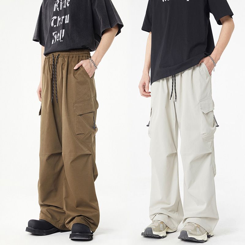 實拍工裝褲男2025春夏美式闊腿傘兵復古潮牌寬松直筒休閑運動長褲