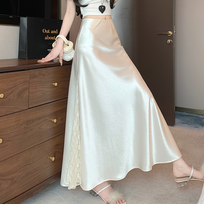 實拍緞面拼接a字中長款蕾絲半身裙女設計感裙子新款魚尾裙女