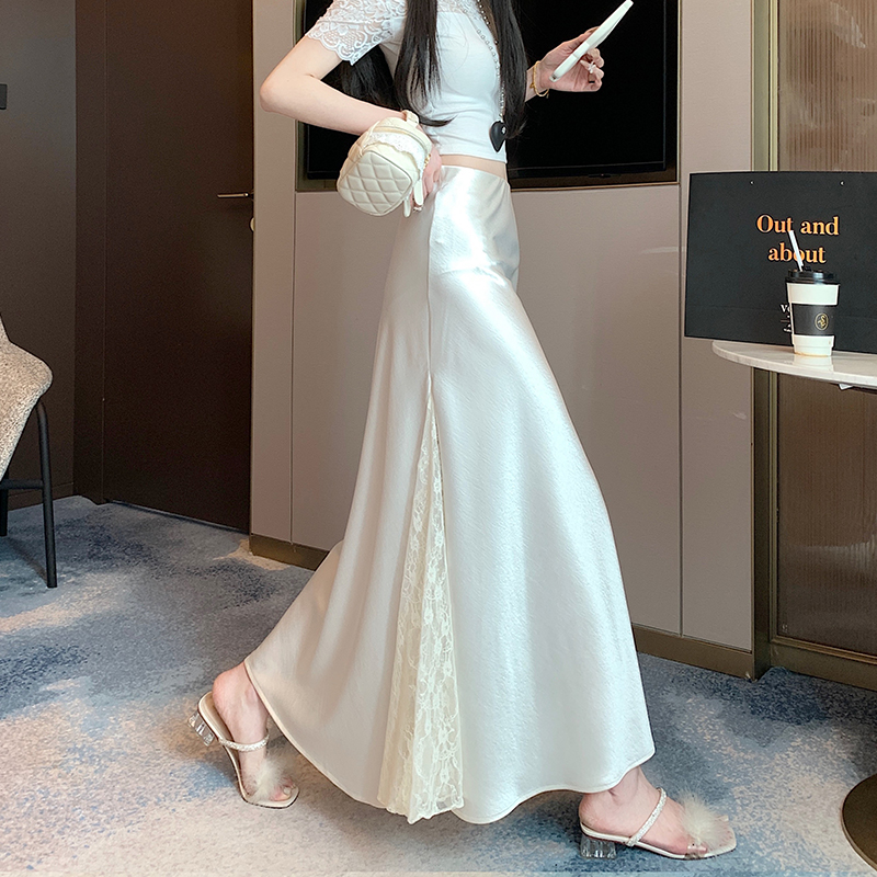 實拍緞面拼接a字中長款蕾絲半身裙女設計感裙子新款魚尾裙女