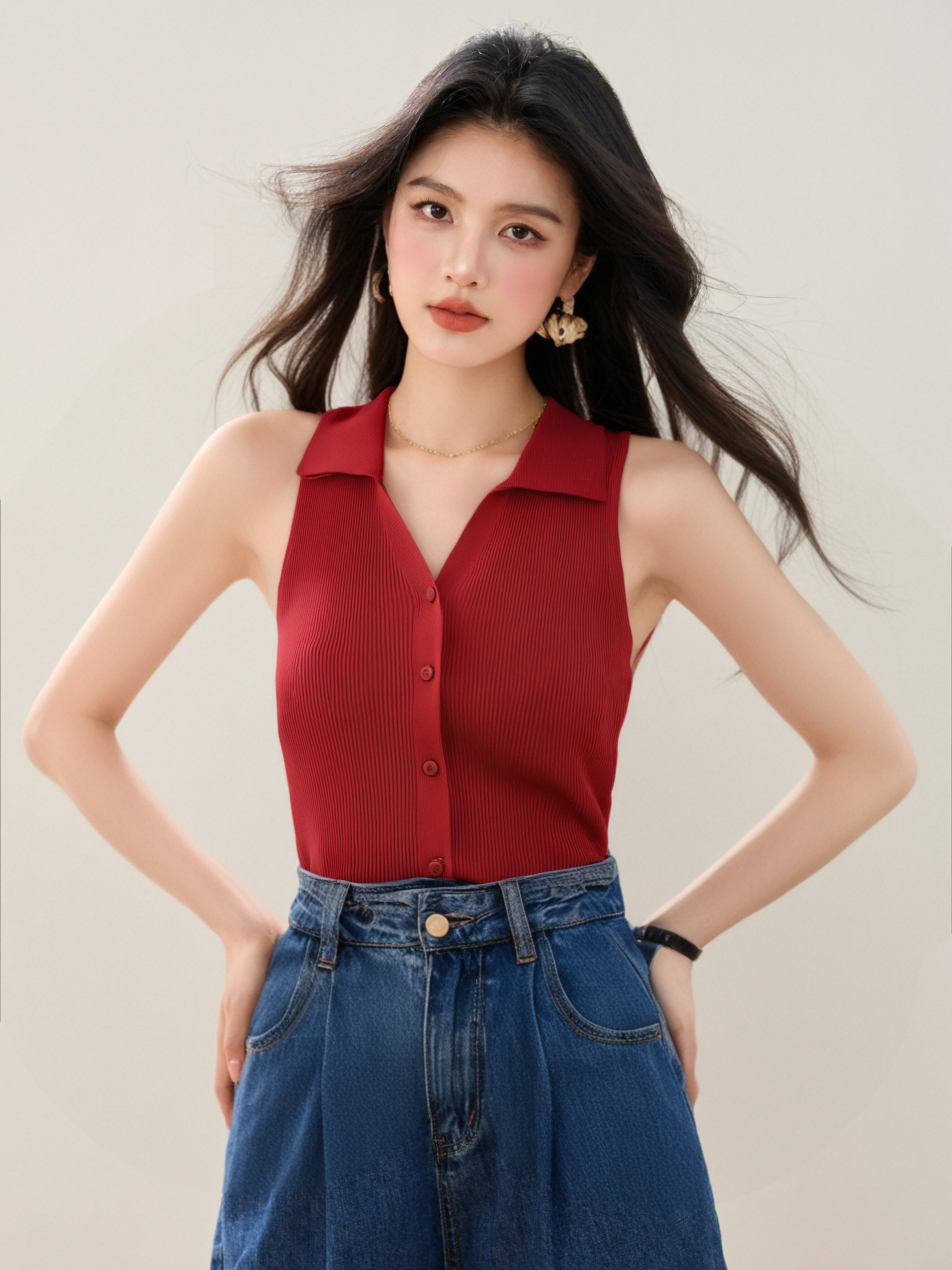 ◆◆polo翻領修身吊帶外穿背心女夏季針織坎肩無袖小上衣