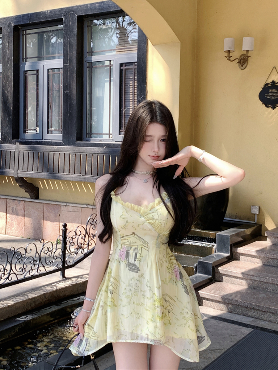 實拍性感V領碎花吊帶上衣女純欲度假風不規則下擺背心裙