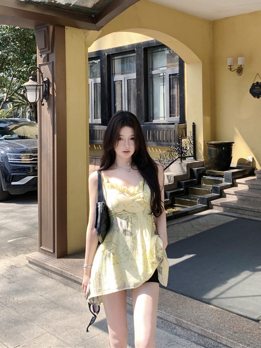 實拍性感V領碎花吊帶上衣女純欲度假風不規則下擺背心裙