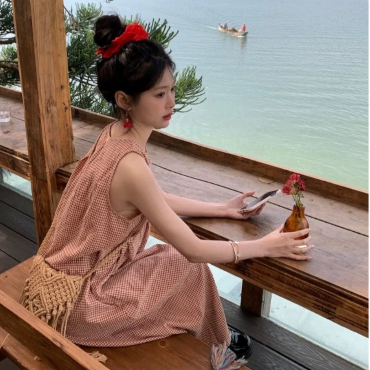 韓系甜美格子壓褶圓領連衣裙女夏季2026新款寬松中長款A字背心裙