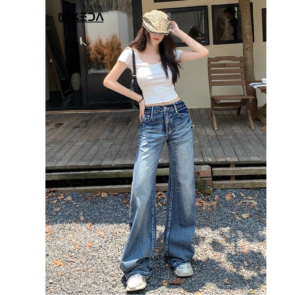 美式復古水洗不貼腿牛仔褲女春夏季新款高腰直筒垂感寬松闊腿褲子