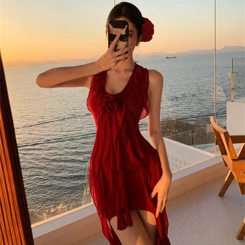 DecodeDiva紅色掛脖V領連衣裙女性感辣妹紗裙氣質輕禮服海邊長裙