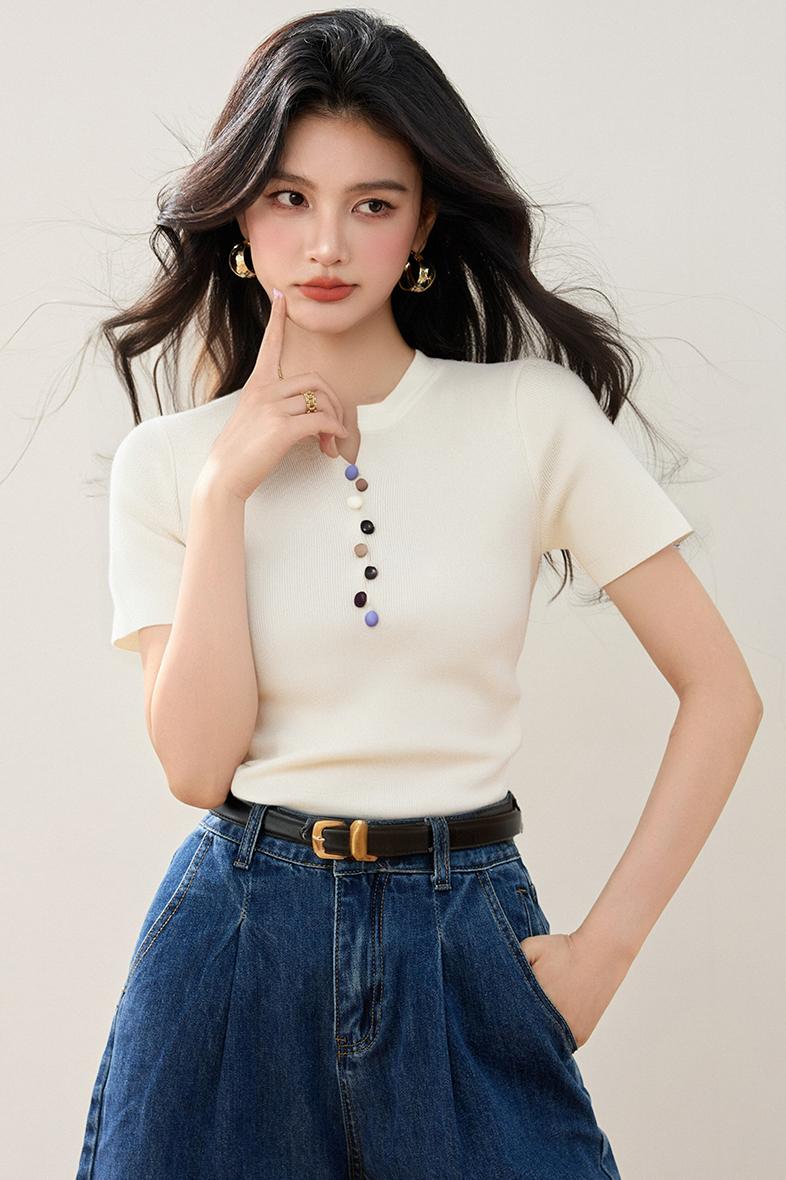 ◆◆短袖針織衫女夏季顯瘦正肩t恤韓系半開領小上衣