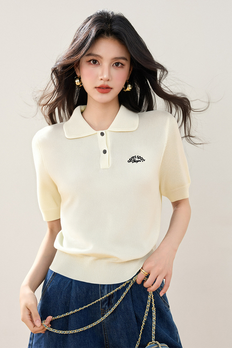 ◆◆polo領刺繡針織短袖t恤女夏季爆款薄款正肩上衣