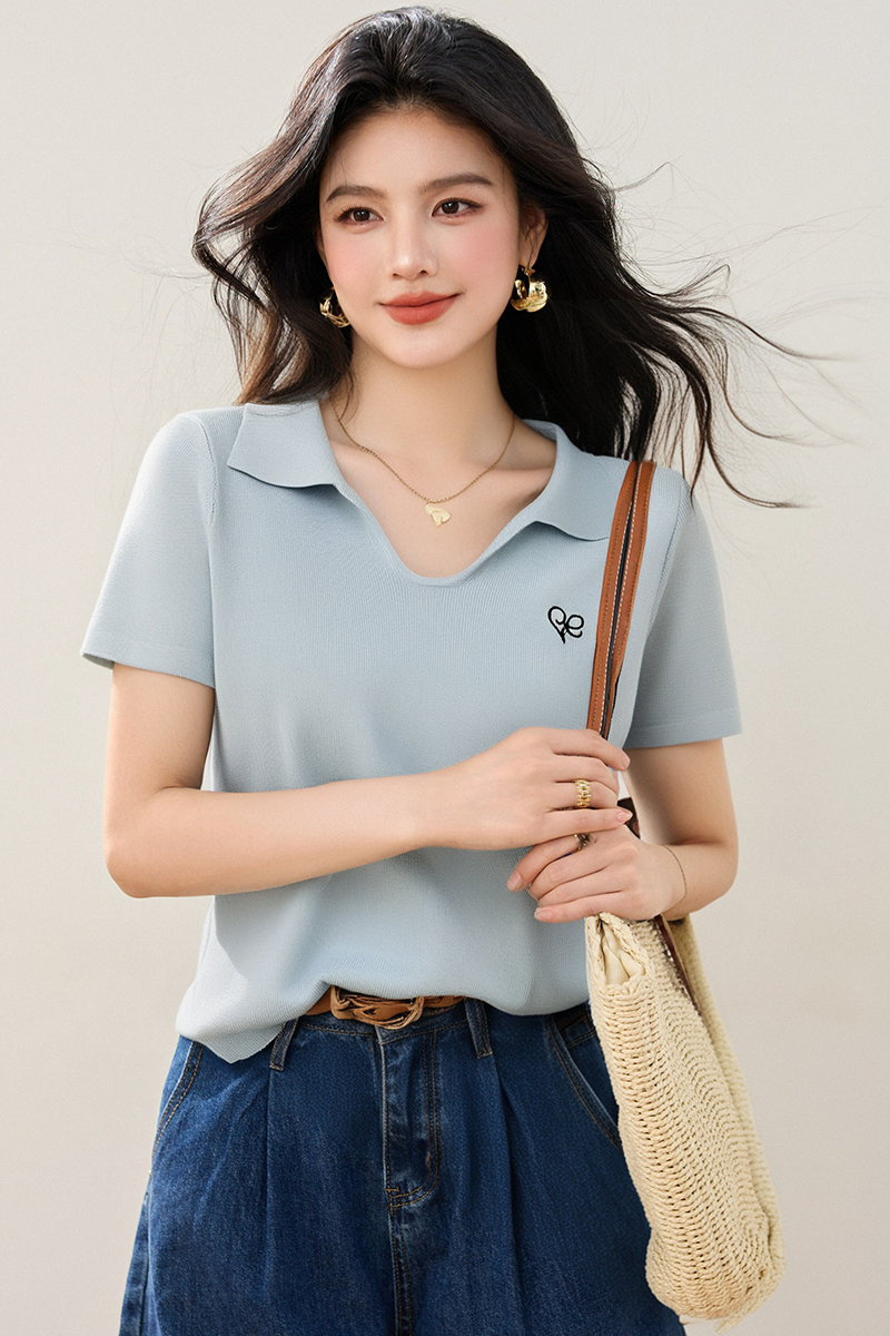 ◆◆復古polo衫女夏季設計感小眾修身正肩刺繡針織衫
