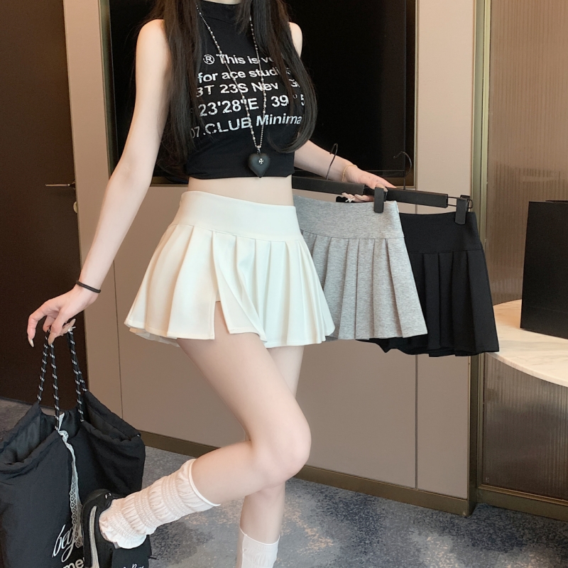 實拍運動風百褶裙2025年夏季辣妹短裙高腰顯瘦開叉迷你半身裙褲裙