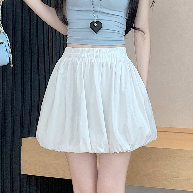 實拍春夏新款休閑純色百搭防走光花苞裙松緊高腰a字半身裙女