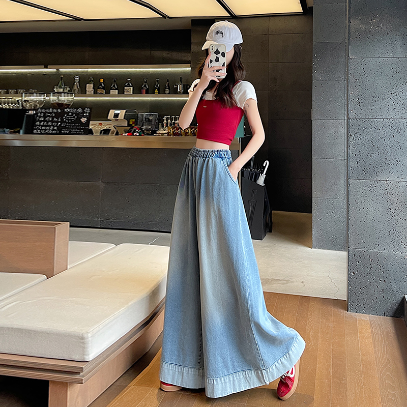 實拍春季卷邊復古直筒牛仔褲女美式寬松設計拖地闊腿褲褲裙子女