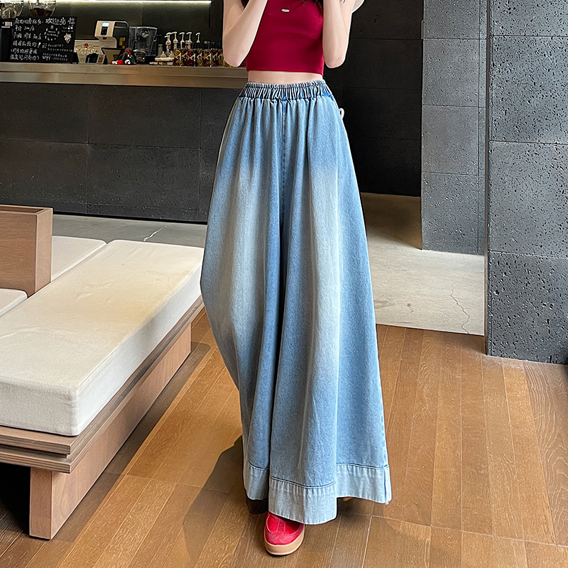實拍春季卷邊復古直筒牛仔褲女美式寬松設計拖地闊腿褲褲裙子女