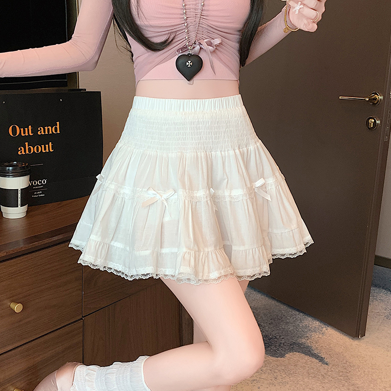 實拍白色蕾絲邊蓬蓬半身裙女高腰顯瘦小個子防走光包臀短裙