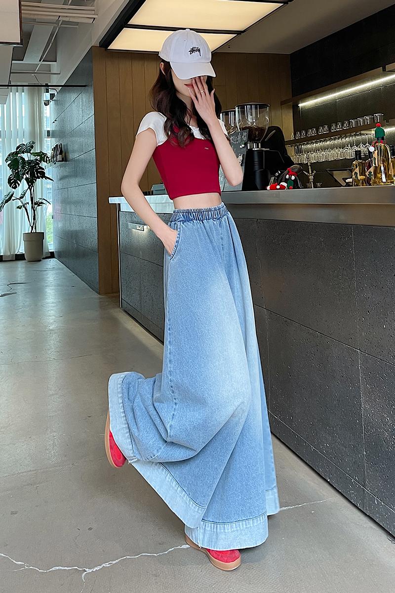 實拍春季卷邊復古直筒牛仔褲女美式寬松設計拖地闊腿褲褲裙子女