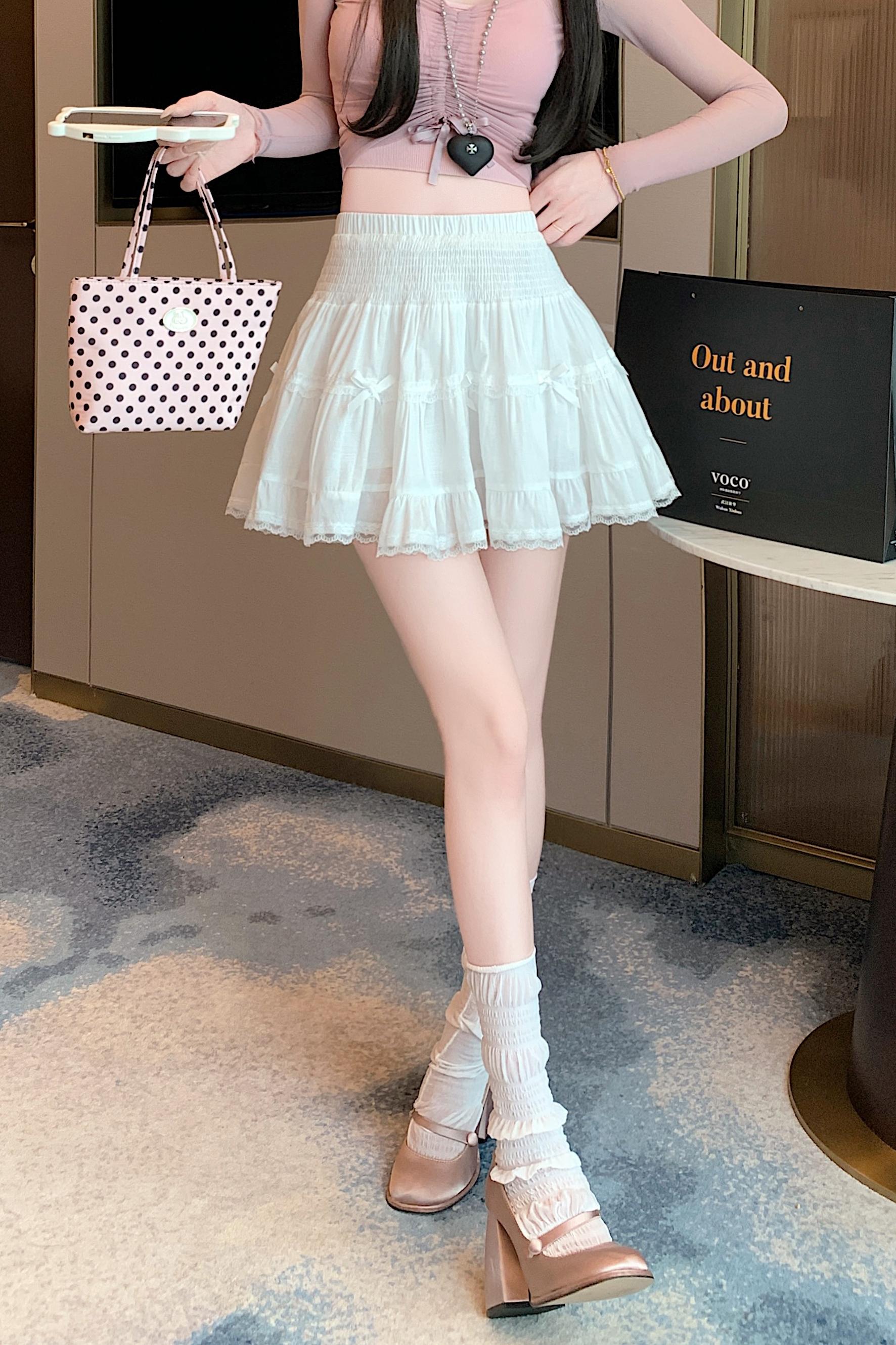 實拍白色蕾絲邊蓬蓬半身裙女高腰顯瘦小個子防走光包臀短裙