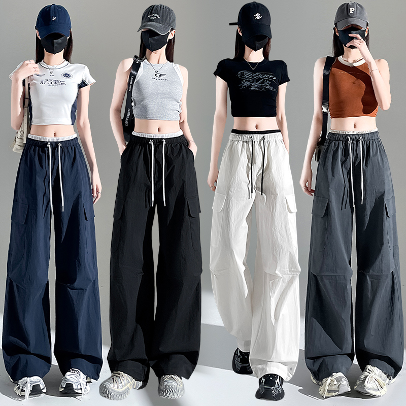 實拍冰絲速干美式工裝褲女2026夏新款降落傘褲寬松戶外防曬闊腿褲