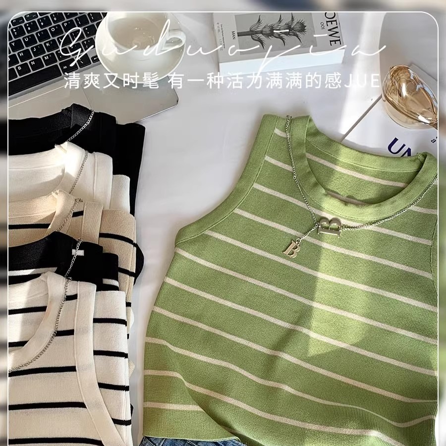 條紋小背心吊帶女春秋內搭打底衫女夏季百搭美背短款針織短袖t恤