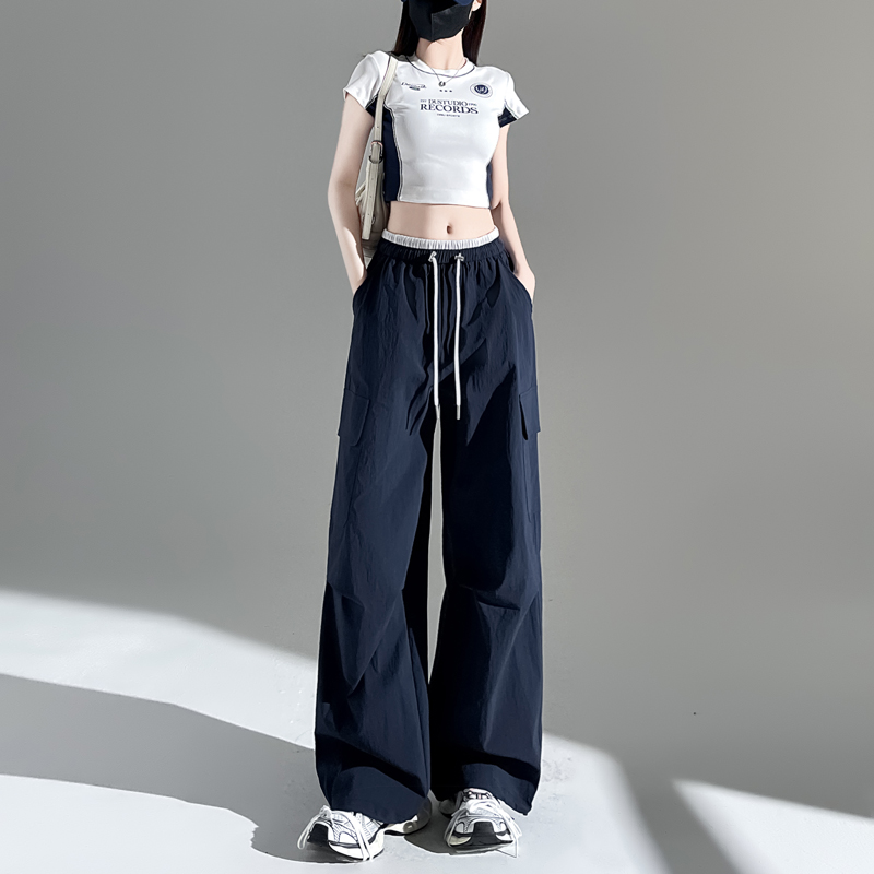 實拍冰絲速干美式工裝褲女2026夏新款降落傘褲寬松戶外防曬闊腿褲