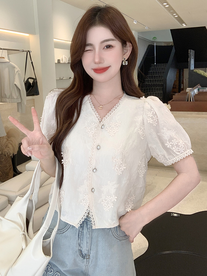 實拍2026夏季新款韓版百搭V領拼接短袖襯衫女時尚上衣