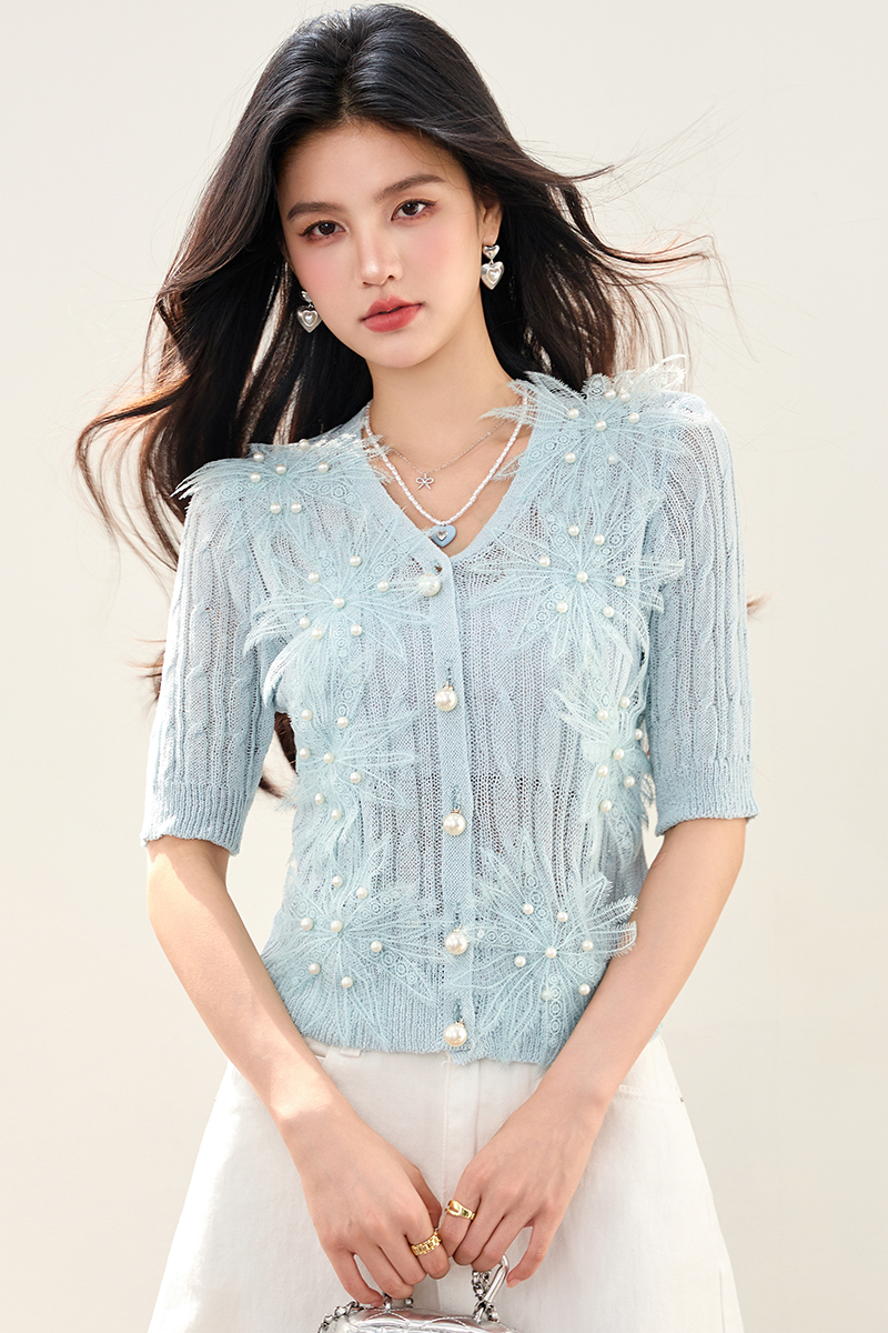 實拍◆◆高級感花朵針織開衫女蕾絲刺繡釘珠設計感短袖上衣