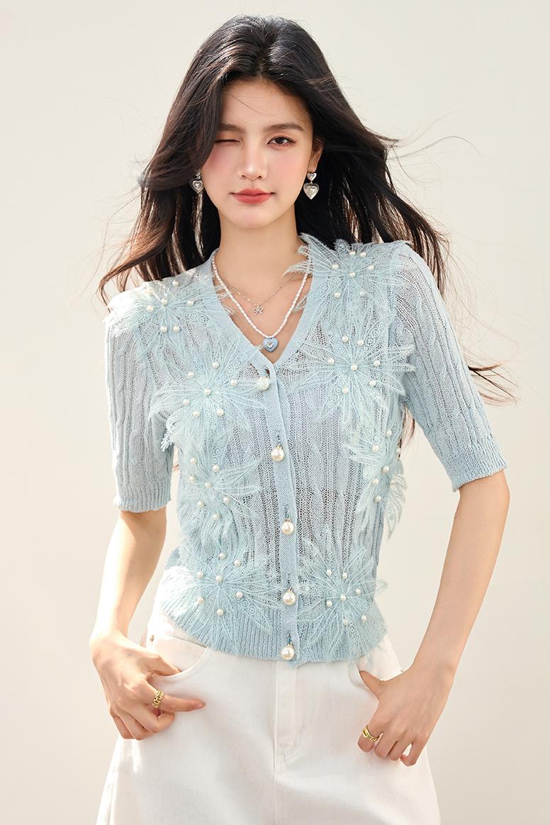 實拍◆◆高級感花朵針織開衫女蕾絲刺繡釘珠設計感短袖上衣