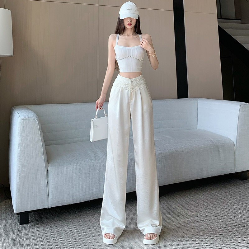 實拍春夏新款時尚休閑百搭高腰醋酸蕾絲拼接西裝闊腿褲女拖地長褲
