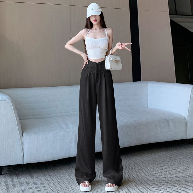 實拍春夏新款時尚休閑百搭高腰醋酸蕾絲拼接西裝闊腿褲女拖地長褲