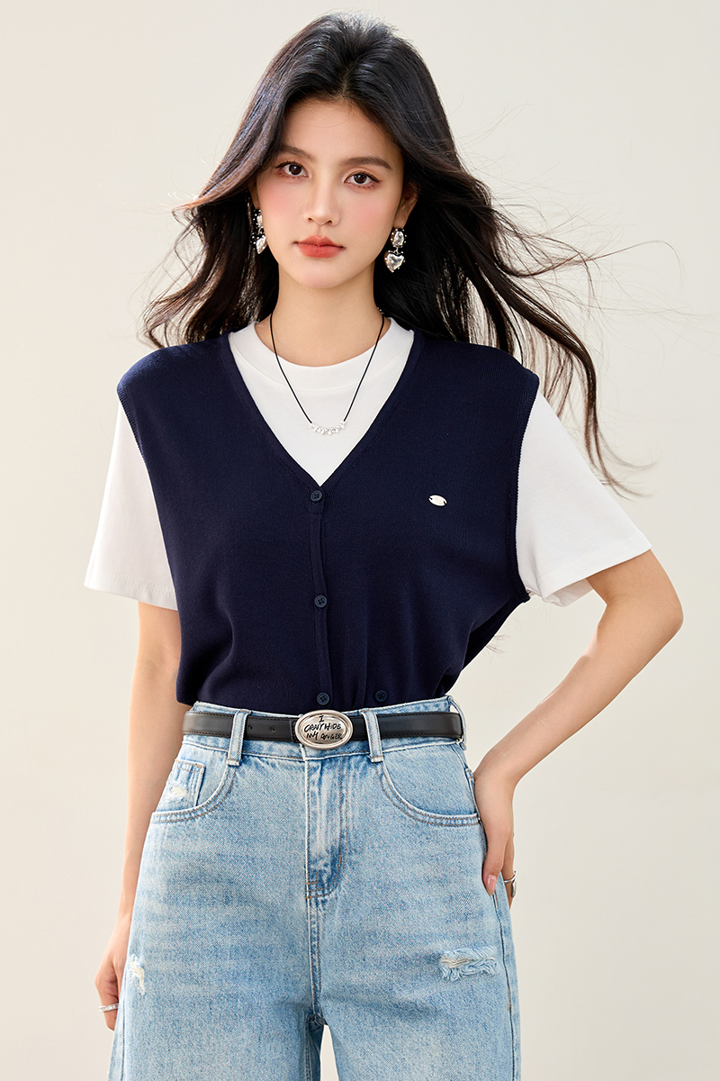 實拍◆◆夏季新款韓版時尚百搭顯瘦假兩件針織衫女短袖上衣