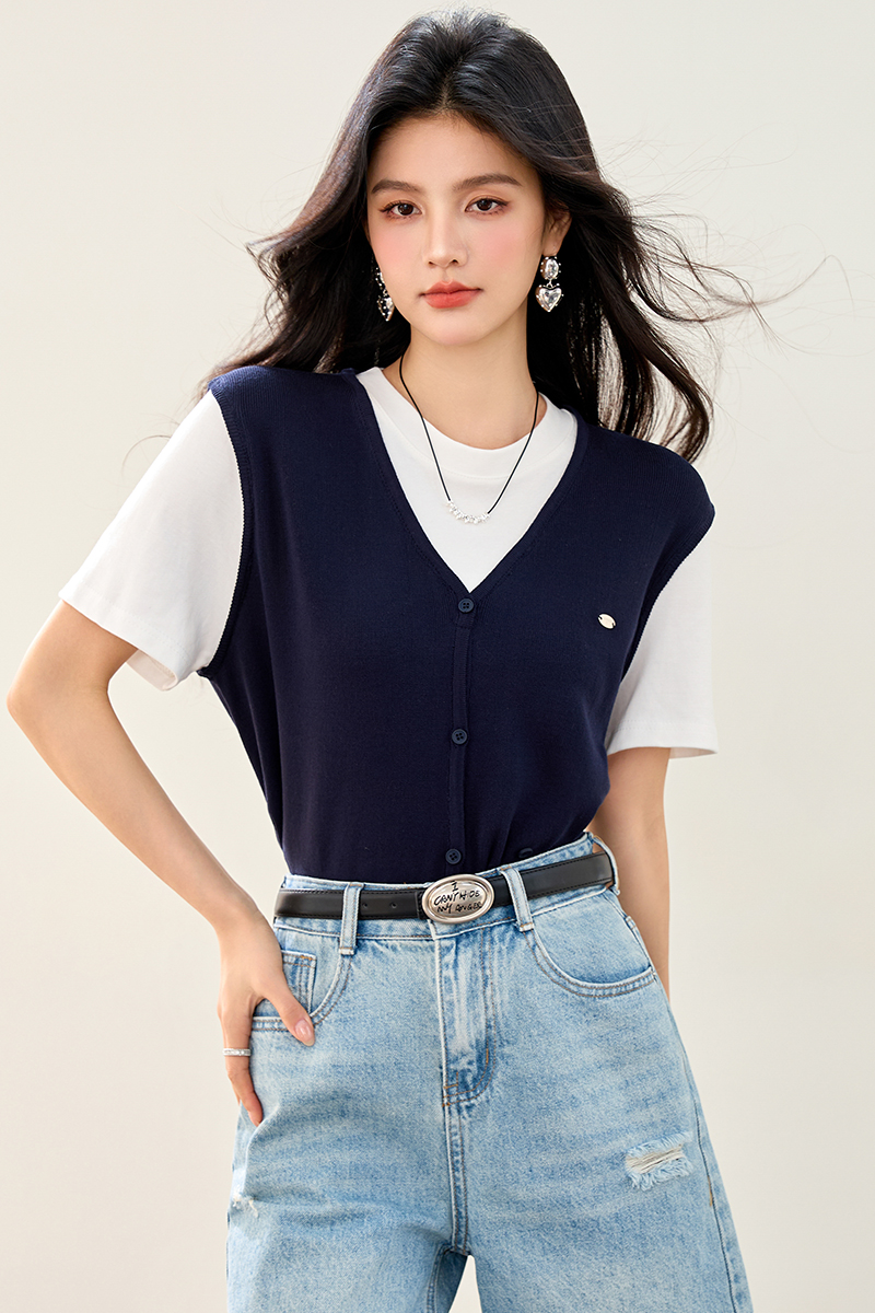 實拍◆◆夏季新款韓版時尚百搭顯瘦假兩件針織衫女短袖上衣