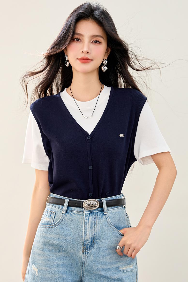 實拍◆◆夏季新款韓版時尚百搭顯瘦假兩件針織衫女短袖上衣
